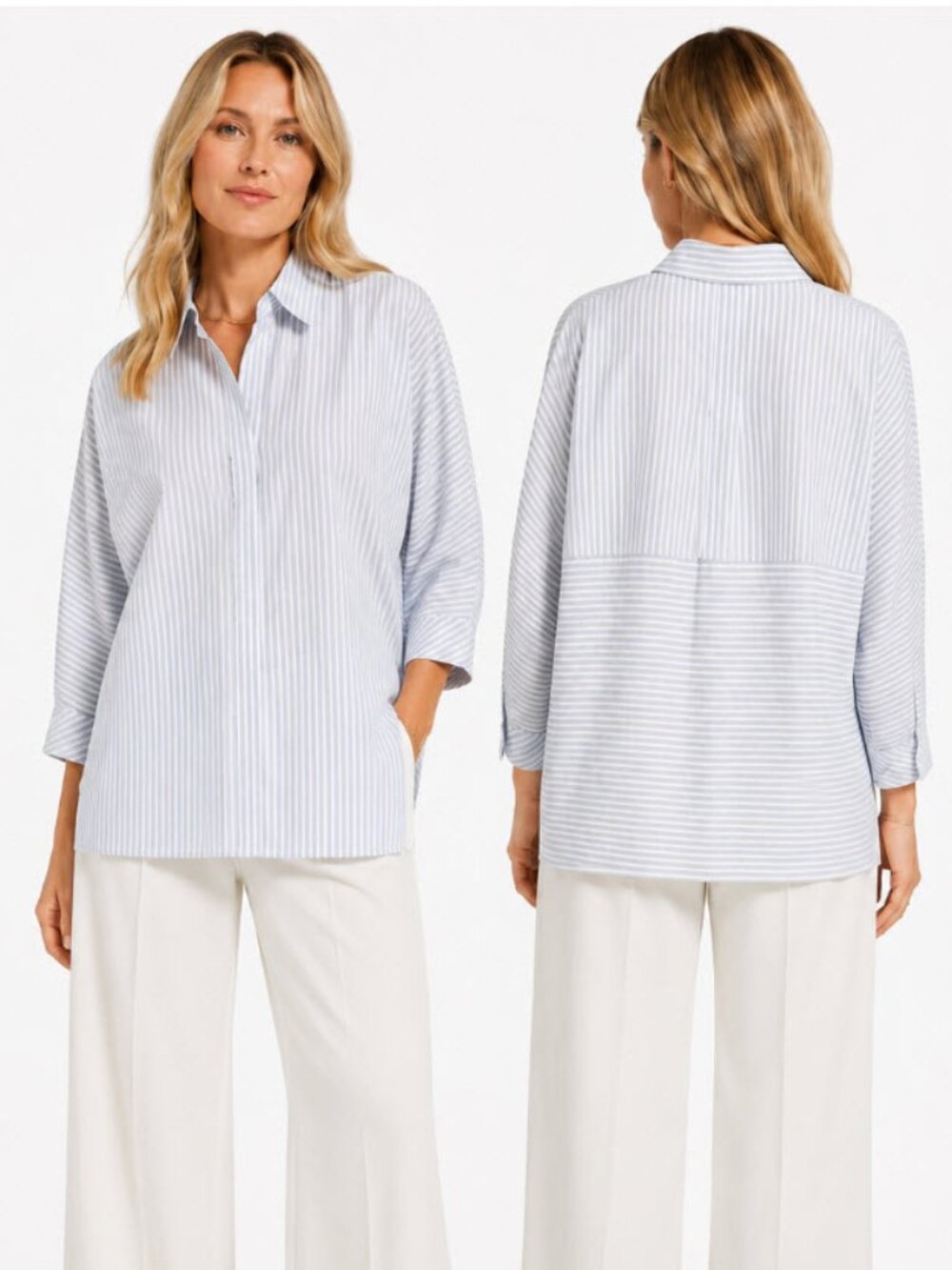 Lafayette 148 NY Blue Striped Button Front Blouse Cotton Size Medium Chic Work